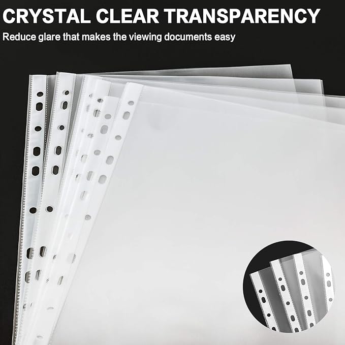 Sheet Protectors, PANDRI 500 Pack Clear Heavy Duty Plastic Page Protectors Sheet Reinforced 11-Hole Fit for 3 Ring Binder Fits Standard 8.5 x 11 Paper, 9.25 x 11.25 Top Loaded, Excluding Acid