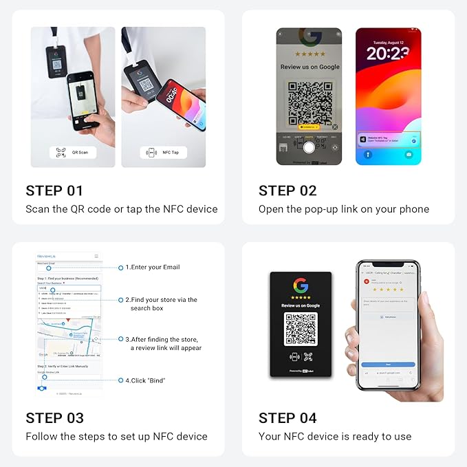 HotLabel – Google Review Stand 3-Pack + Bonus Google Review Tap Card 3-Pack – Black – NFC Tap & QR Code – Supports 6 Different Stores or Same – All Phones Compatible – No App/Subscription