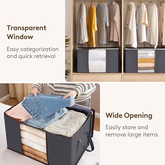 Lifewit 24 Pack Clothes Storage Bins with Lids, Foldable Blanket Storage Bags with Zippers, Clear Window and Reinforced Handles, Closet and Organization for Clothing, Sweater, Comforter, Bedding, Gray