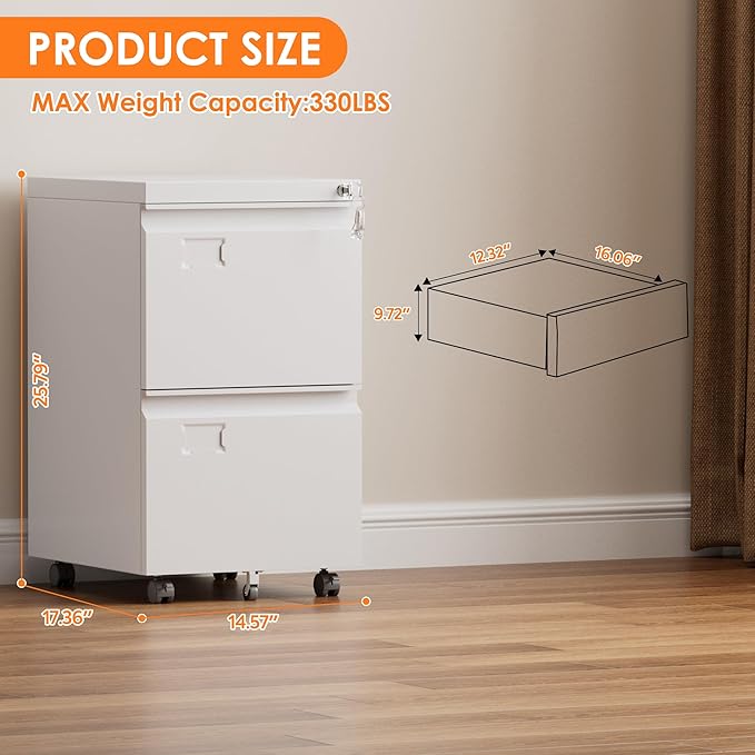 METAN 2 Drawer Vertical File Cabinet with Lock, Mobile Metal Filing Cabinet for Legal/Letter Size, Office Storage File Cabinet Under Desk with Card Holder,Assembly Required,White