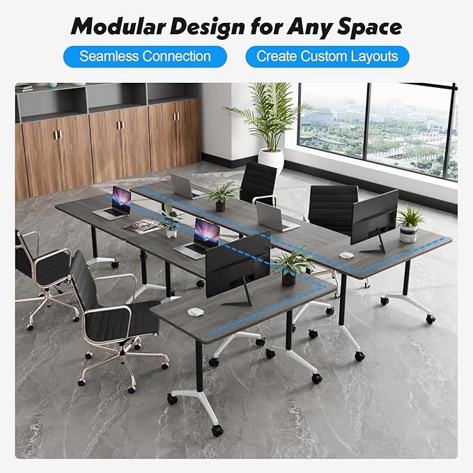 Goakwwuz Conference Room Table, Folding Conference Tables,Thicken Grey Tabletop,Flip Top Wooden Seminar Meeting Room Table for Conference Room Offices (2, Grey, 70.8”)