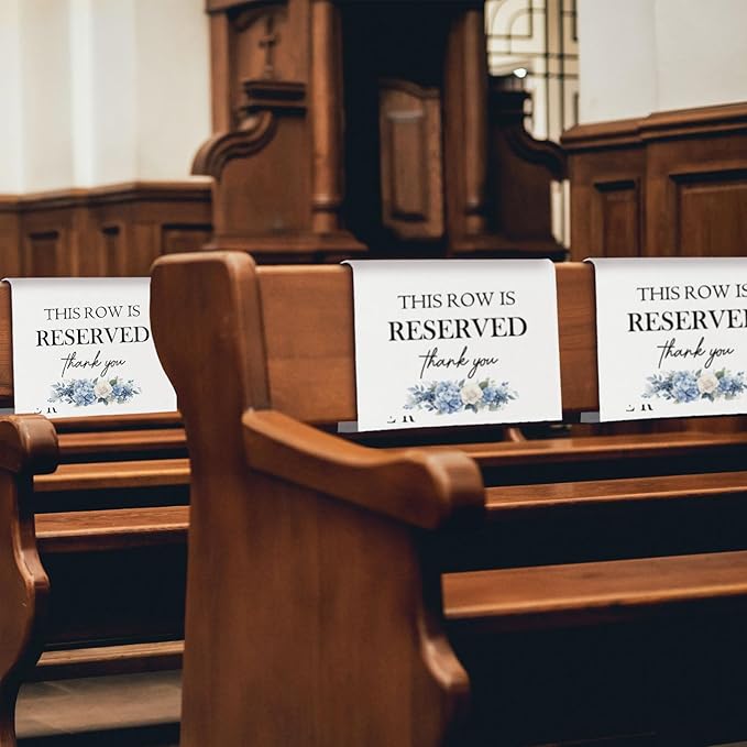ChissNook Reserved Seating Chair Signs, This Row Is Reserved Pew Cloths Seating Placeholder for Church Pews, Wedding Decorations for Reception Parties Celebrations Event Meetings (Blue Floral, 4 PCS)