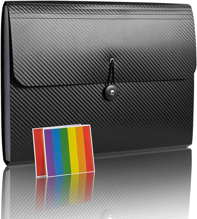Expanding File Folder with 13 Pockets - Accordion Filing Folder for Documents - Aesthetic Black Paper Organizer for Work, School, Home, Office