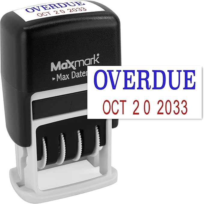 MaxMark Self-Inking Rubber Date Office Stamp with OVERDUE Phrase Blue Ink & Date RED Ink (Max Dater)