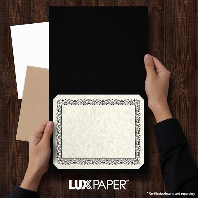 LUXPaper 9.5" x 12" Certificate Holders | Black Linen | Embossed Gold Foil Border | 100lb. Cover | 100 Qty