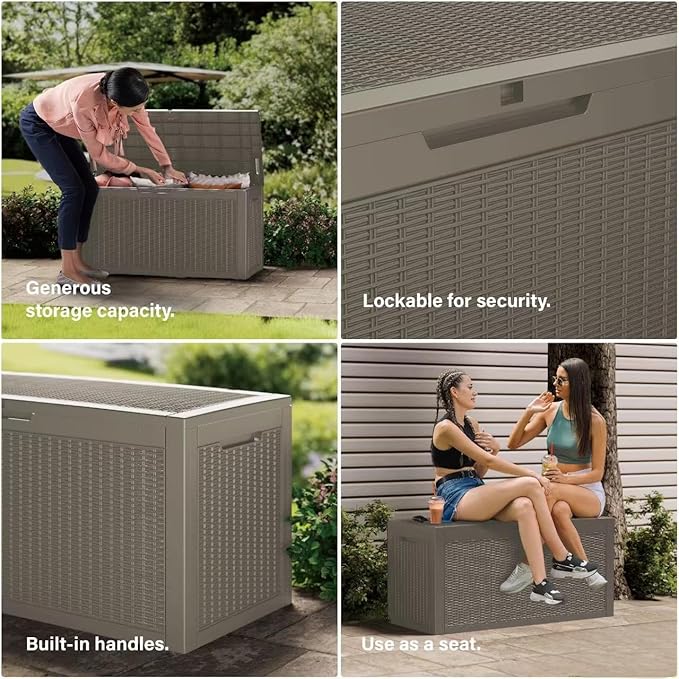 Decksplore Outdoor Storage Box Waterproof, 200 Gallon Lockable Resin Large Deck Box, Patio Storage Bin for Pool Accessories Cushion Furniture, Garden Tools, UV-Resistant Outside Delivery, Grey