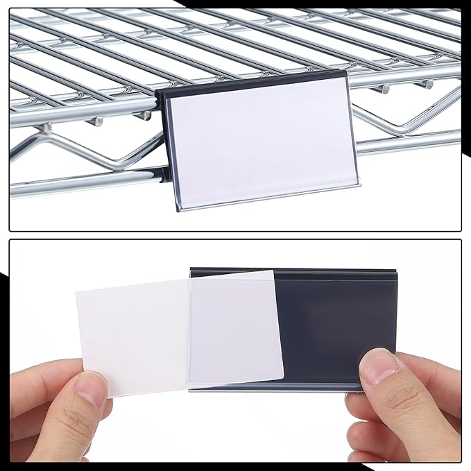 Kathfly 100 Pcs Wire Shelf Label Holders Compatible with Metro 1-1/4in Shelves, Plastic Wire Rack Label Holder 3 l x 1.25 H Price Tag Shelf Clips On, Black