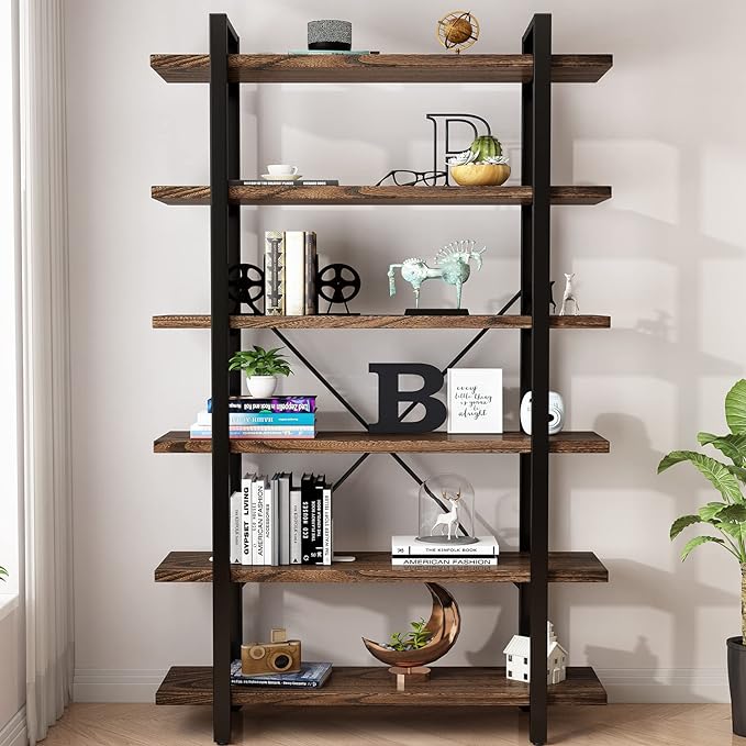 AY-AOYUAN Solid Wood Bookcase and Book Shelves Wood and Metal Shelving Unit 6 Tier Bookshelf Modern Rustic Open Bookshelf Office,Distressed Brown (AY-02-6Tier)