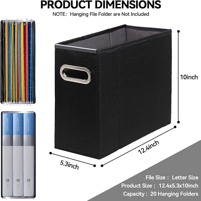 ComfortKeeper 2 Packs Letter Size File Organizer, File Folders Organizer, Fabric Storage Box, Collapsible Paper Organizer with Metal Handle, Smooth PVC Rails, Only Box (Black)