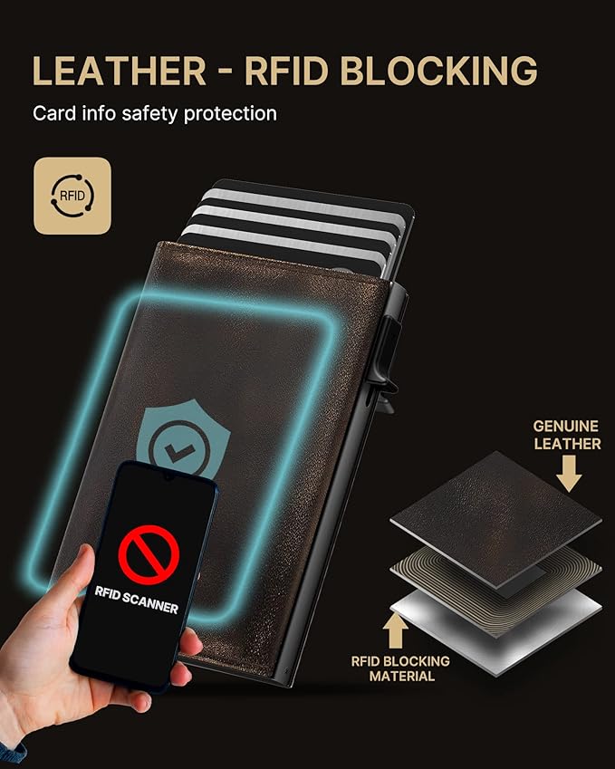typecase Mens Wallet Card Holder: Pop Up Aluminum Case, Full Grain Leather, RFID Blocking, Smart, Slim, Minimalist, Front Pocket - 9-14 Card Capacity | ID Window | Cash Slot (Burnished Black)
