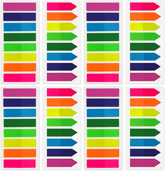 KICNIC Page Markers Colored Sticky Tabs 1600 Pcs, Translucent Arrow Flags for Page Marking, Fluorescent Index Tab Stickers for Notebooks, Small Sticky Notes Flags [8 Colors, 8 Sets]
