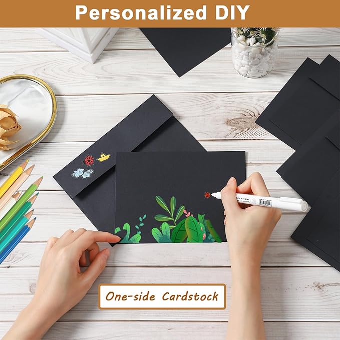 Silunkia Black Blank Note Cards and Envelopes 5 x 7 Heavyweight Flat Cardstock and A7 Envelopes Printable Self Seal 20 Packs for Birthday, Wedding Invitations, Thank You Cards, Baby Shower