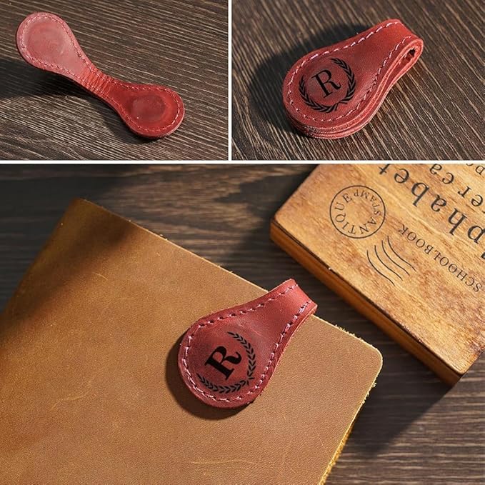 Personalized Magnetic Leather Bookmark, 26 Letters Custom Leather Bookmarks, Handmade, Leather Magnetic Bookmark for Book Lovers Readers Women Kid(Purple，Y）