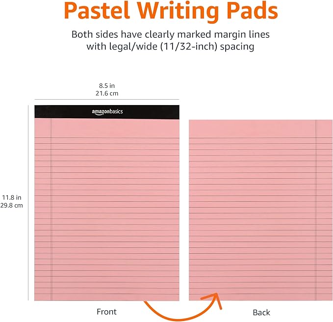 Amazon Basics Wide Ruled 8.5 x 11.75-Inch 50 Sheet Perforated Lined Writing Note Pads, Pack of 6, 300 Count, Multicolor