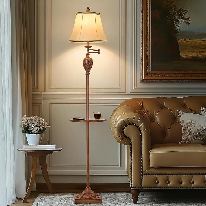 Traditional LED Floor Lamp with 350° Adjustable Swing Arm Lamp – Vintage Standing Pole lamp for Living Room, Bedroom and Office – Rustic Upright Floor Light for Home Décor with Silk Fabric Shade