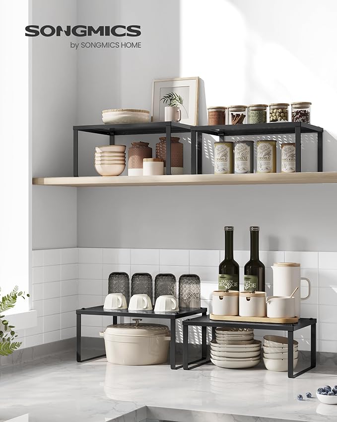 SONGMICS Spice Racks, Set of 2 Metal Cabinet Shelf Organizers, Countertop Organizers, Shelf Risers, Stackable, Expandable, Ink Black UKCS001B01