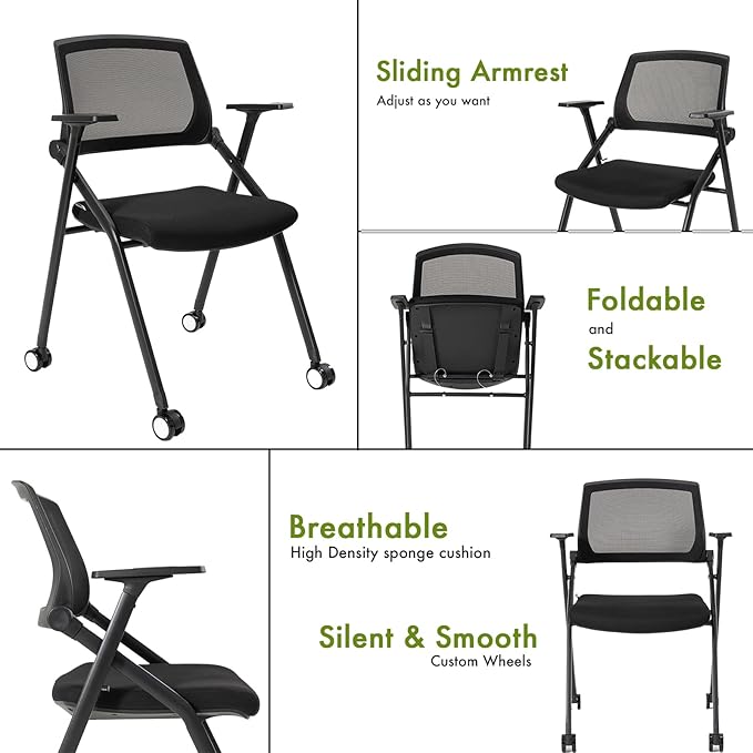 VACYOVKE Folding Conference Room Chairs Set of 2 Black Guest Reception Chair for Office, Waiting Room, Meeting, Lobby, Church