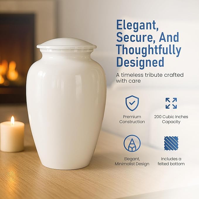Modern Memorials Cremation Urn for Ashes - Large Urn for Man & Women - 200 Cubic Inches - Includes Velvet Storage Bag - White