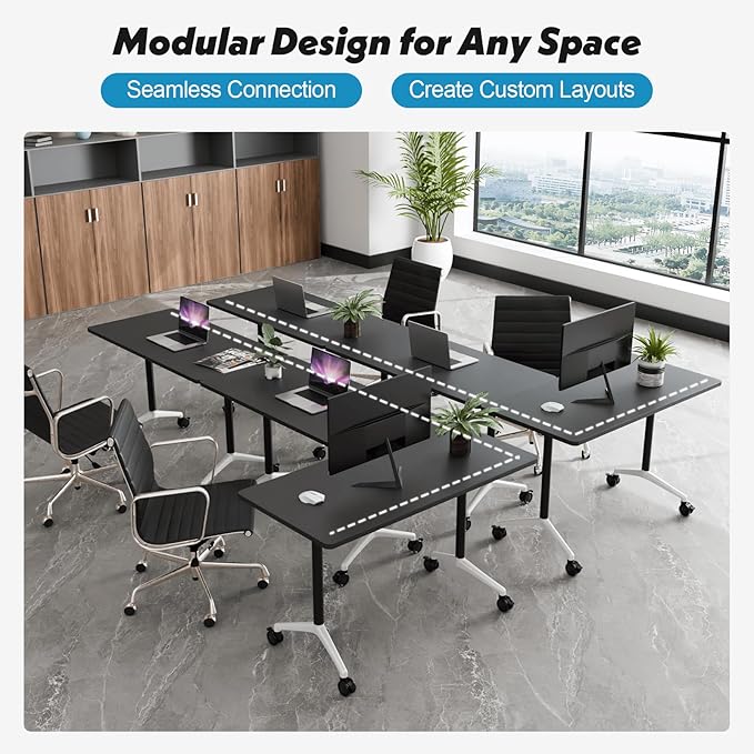 Goakwwuz Conference Room Table, Folding Conference Tables,Thicken Grey Tabletop,Flip Top Wooden Seminar Meeting Room Table for Conference Room Offices (8, Black, 61.0“)