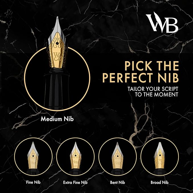 Wordsworth & Black Fountain Pen Set, Broad Nib, Includes 24 Pack Ink Cartridges, Ink Refill Converter & Gift Box, Chrome Finish, Calligraphy, [Silver Chrome], Perfect for Men & Women