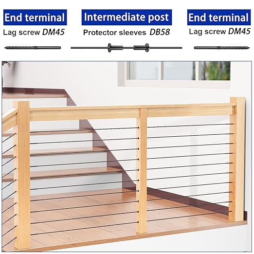 Steel DN Mate 100 Pack Cable Railing Protector Sleeves for 1/8” Deck Railing System, Black Cable Railing Kit Hardware for Wood Post, T316 Stainless Steel Marine Grade DB58