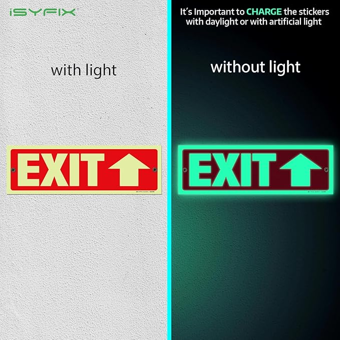 iSYFIX Exit Signs with Directional Up Arrow - 12 Pack 12x4 Inch Glow in the Dark for Business, School, Office, Warehouse - Durable 40 Mil Polystyrene, UV Laminated, Waterproof, Scratch & Fade Resistant