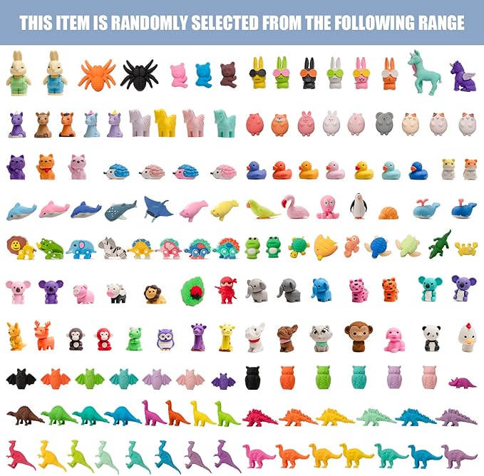 CLOCK KING 210pcs 3D Cute Kids Erasers, Random Desktop Pet Toys Gifts, Classroom Rewards Kids Party Gifts, Various Styles Such as Animals, Food, Plants, Space, Princess, Sports, Halloween, Christmas