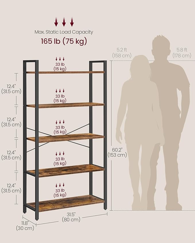 VASAGLE 5-Tier Bookshelf, Bookcase with Steel Frame, Book Shelf for Living Room, Home Office, Study, 11.8 x 31.5 x 60.2 Inches, Industrial Style, Rustic Brown and Ink Black ULLS081B01