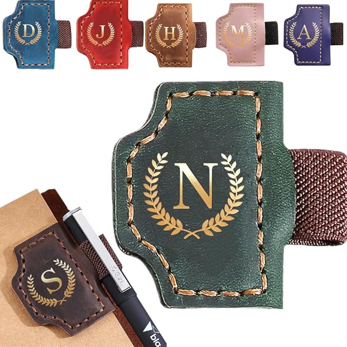 Personalized Mark Bookmark with Pen Holder, Leather Magnetic Book Marker 26 Letters,Custom Initials Page Marks, Gifts for Book Lovers Readers Men Women (Green, N)