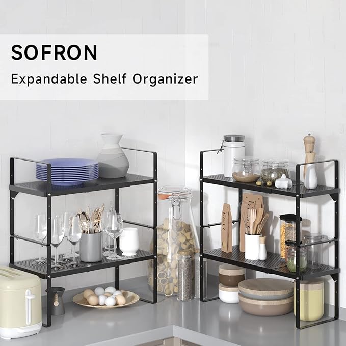 SOFRON Expandable Cabinet Storage Shelf Stackable Organizer Rack for Kitchen Bathroom Pantry Spice Cupboard Coffee Countertop Home Office Desk Heavy Duty Nonslip Black Small 3 Packs