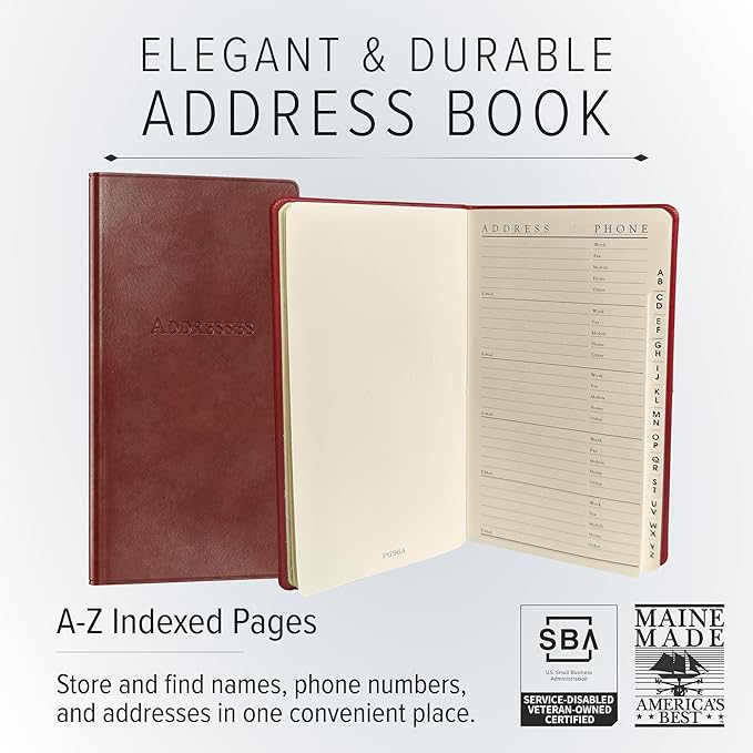 Gallery Leather Small Address Book with Alphabetical Tabs up to 403 Records, Leather Notebook Hardcover, Telephone and Address Books - 6 x 3.25 ", Camden Red