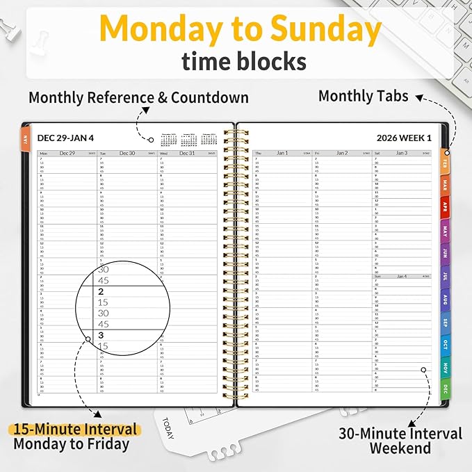 SUNEE 2026 Appointment Book, Quarter-Hourly, Weekly & Monthly - from January 2026 - December 2026, 8.5"x11" Weekly Planner, Flexible Cover, Note Pages, Pockets, Bookmark, Spiral Binding, Black
