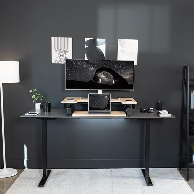 VIVO 36 inch Height Adjustable Stand Up Desk Converter, V Series, Quick Sit to Stand Tabletop Dual Monitor Riser Workstation, Light Wood Top, Black Frame, DESK-V000VO