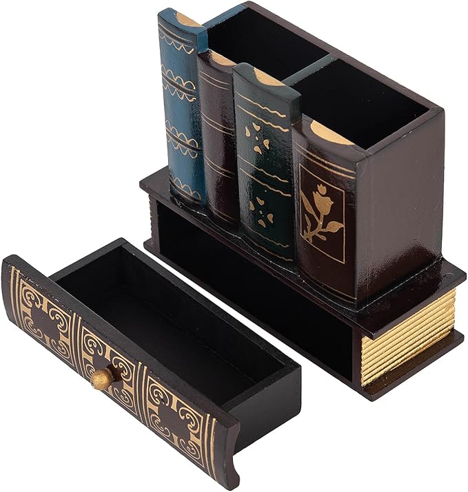 VERGOODR Decorative Pencil and Pen Holder with Storage Drawer, Wooden Desk Organizer Caddy, Antique Library Books Design Pen Cup for Office Supplies, Countertop, Desk,Table (Red)
