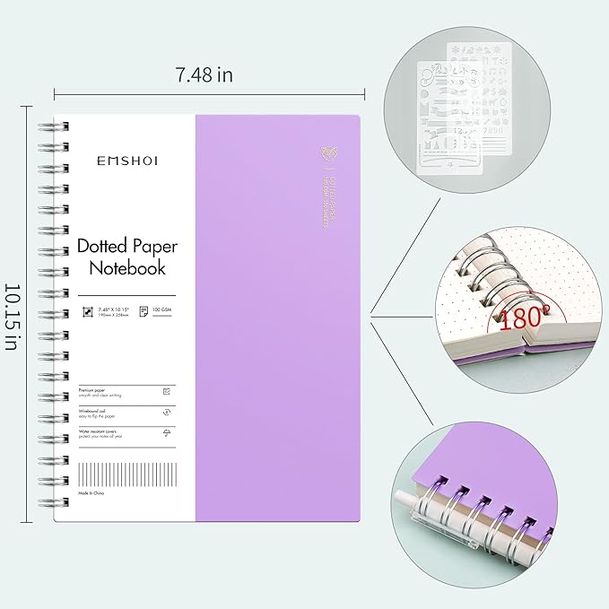 EMSHOI B5 Spiral Notebook Bullet Dotted journal, Large 7.48" X 10.15", 300 Pages/150 Sheets, 100gsm Dot Grid Paper, Waterproof Hardcover, for Office School Women Men Work Writing Notes-Purple