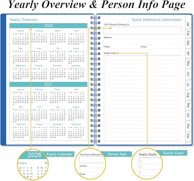 2026 Planner - Planner 2026 from January 2026 - December 2026, Weekly & Monthly Planner Spiral Bound with 12 Monthly Tabs, Inner Pocket, 6.4" x 8.5", Blue