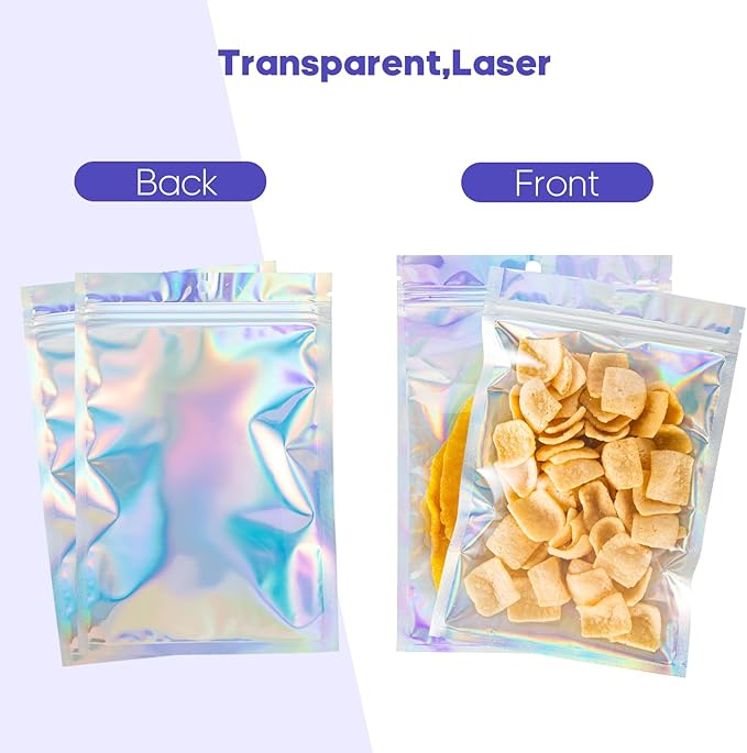 100Pcs Holographic Packaging Bags, 3.1x4.7 inch Resealable Foil Pouch Mylar Sample Bag Great for Small Business and Party Favor Food Storage……