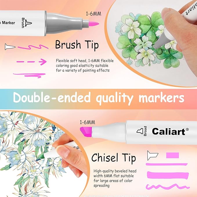 Caliart Pastel Alcohol Markers Brush Tip, 100 Colors Dual Tip Coloring Marker Pen Set Brush & Chisel, Art Supplies Gift for Adults Coloring Book Artists Sketch Drawing Illustration