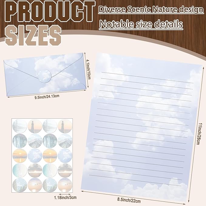 TaoBary 160 Pcs Stationery Paper Set 50 Double Sided Stationery Papers with 50 Matching Envelopes and 60 Round Dot Sticker, 10 Design(Natural Scenery,8.5 x 11 Inch)