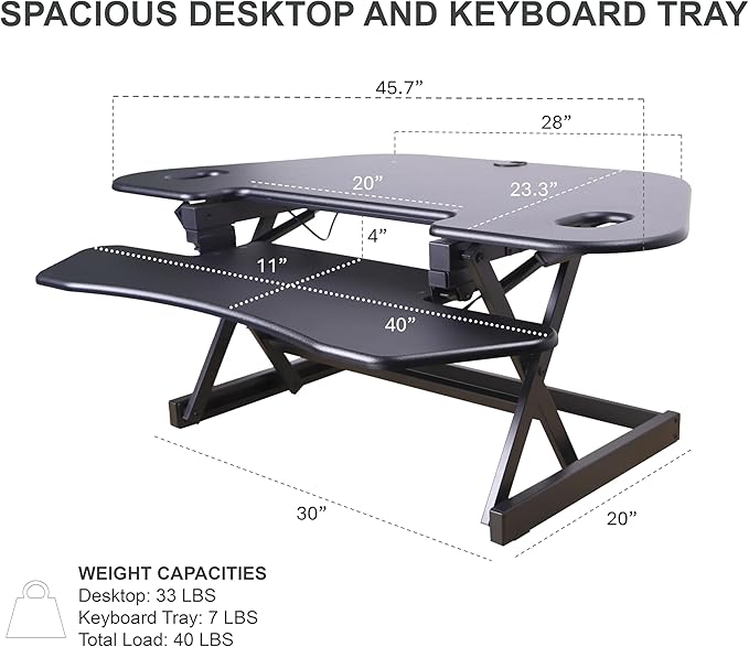 Rocelco 46" Height Adjustable Corner Standing Desk Converter with AC Outlet USB Charger and Dual Monitor Arm Mount - Stand Up Tabletop Riser Workstation - Keyboard Tray - Black (R CADRB-46-ACUSB-DM2)