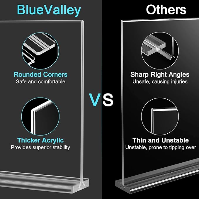 BlueValley Acrylic Sign Holder 5x7 Vertical – 12 Pack Double Sided Clear Plastic Display Stand for Table Menu, Flyer, Photo, Document – Standing Desktop Frame for Office, Retail, Home, Commercial Use
