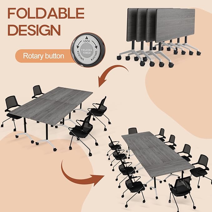 Folding Conference Table 4ft 5ft, Foldable Office Meeting Desk for 6 People, Multiple Sizes Colors Mobile Conference Room Table for Training Room School Business Furniture (6, Grey, 63in)