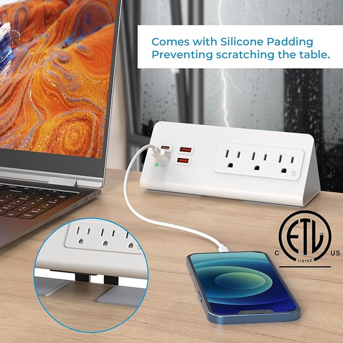 Nightstand Power Strip with USB C, Haiaoyyds Desk Edge Mount Power Hub with 3 Outlets, 4 Fast Charging USB Ports, and 6.56FT Flat Plug Extension Cord for Desk Home Office Accessories, White