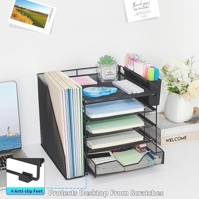 Gugsey Desk Organizer, 5-Tier Paper Letter Tray Organizer with File Holder, Drawer and Pen Holder, Desktop Organizer for Office Supplies, Black