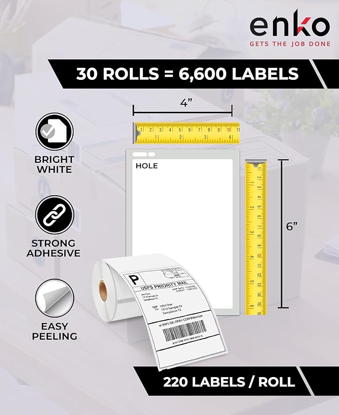 enKo Compatible Zebra 4x6 Label and Dymo Labels 1744907 - (4" x 6") Address and Shipping Labels for Dymo Labelwriter 4XL Shipping, Zebra and Desktop Direct Thermal Printers (30 Rolls, 6,600 Labels)