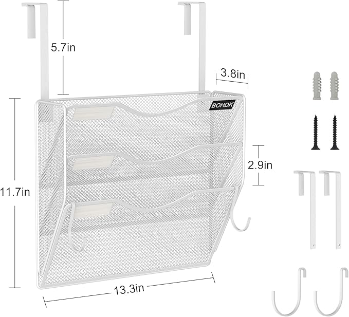 BOHDK Wall File Organizer, 3 Tire Hanging File Folder Mail Organizer, Vertical Mesh Metal Door/Wall Mount Hanging File Organizer, Paper Document Magazine Rack with Hooks for Home Office White