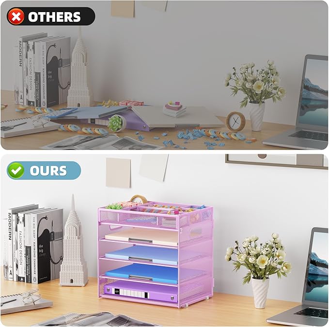 Marbrasse 5-Tier Letter Tray Paper Organizer with Handle, Multi-Functional Mesh File Organizer for Desk, Adjustable Compartments Mesh Desktop Storage for Office Supplies, Purple