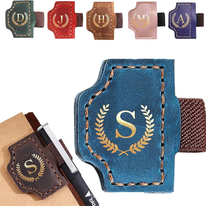Personalized Mark Bookmark with Pen Holder, Leather Magnetic Book Marker 26 Letters,Custom Initials Page Marks, Gifts for Book Lovers Readers Men Women (Blue, S)