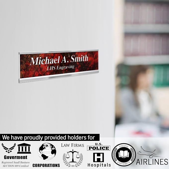 Door Name Plate Personalized for Office Brushed Steel Plastic Name Plate Black Letters - Made in USA 2x12 M1