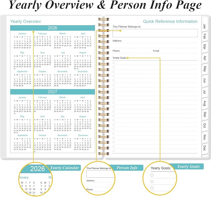 2026 Planner - Planner 2026 from January 2026 - December 2026, Weekly & Monthly Planner Spiral Bound with 12 Monthly Tabs, Inner Pocket, 6.4" x 8.5", Blue Watercolor